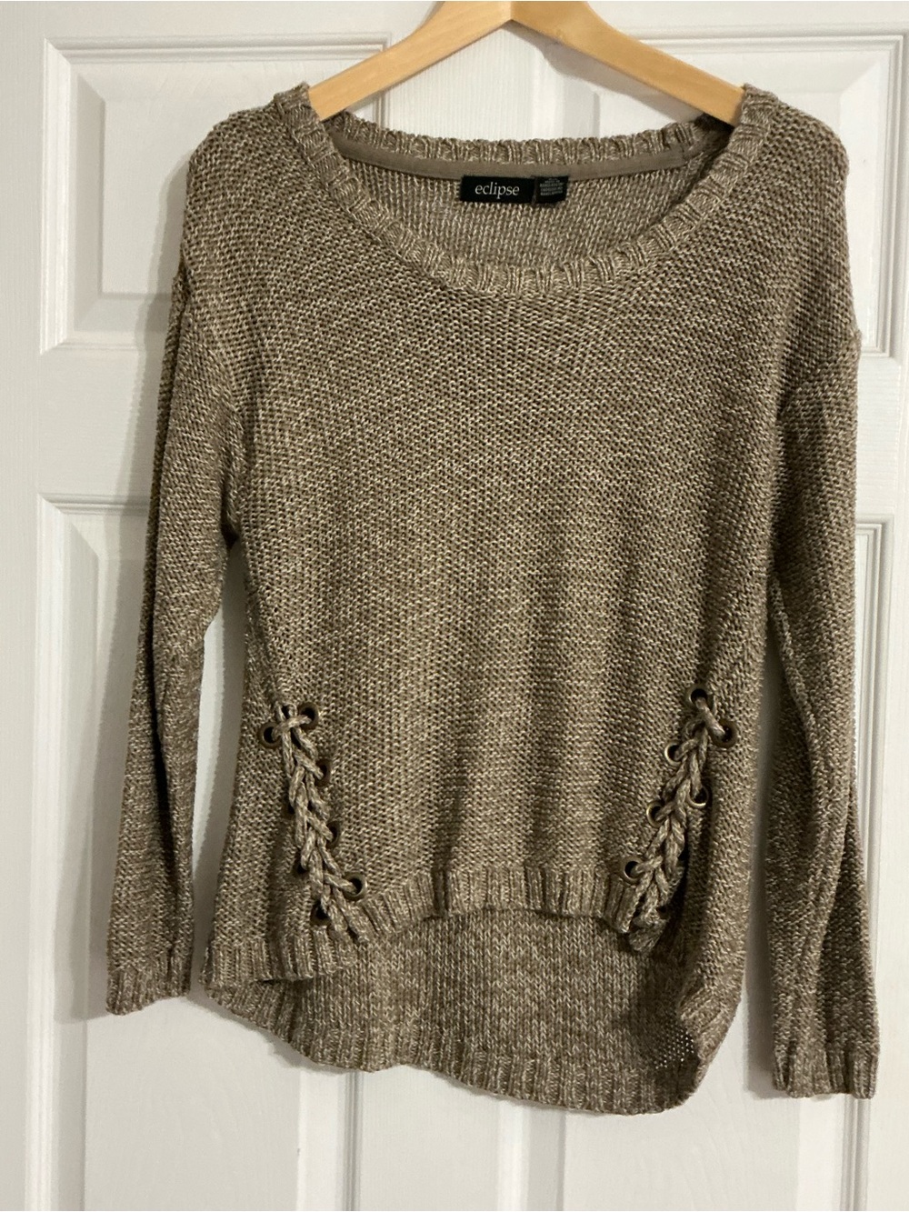 Eclipse Scoop Neck Taupe Knit Sweater with Lace-Up Sides